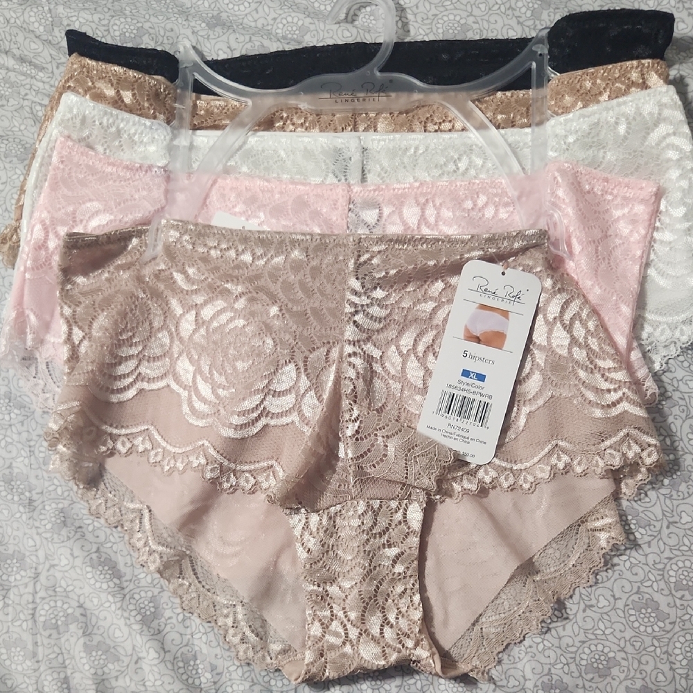 XL Rene Rofe Lingerie Lace Trim Panties - 5 Pack Black White Pink Tan Hipster